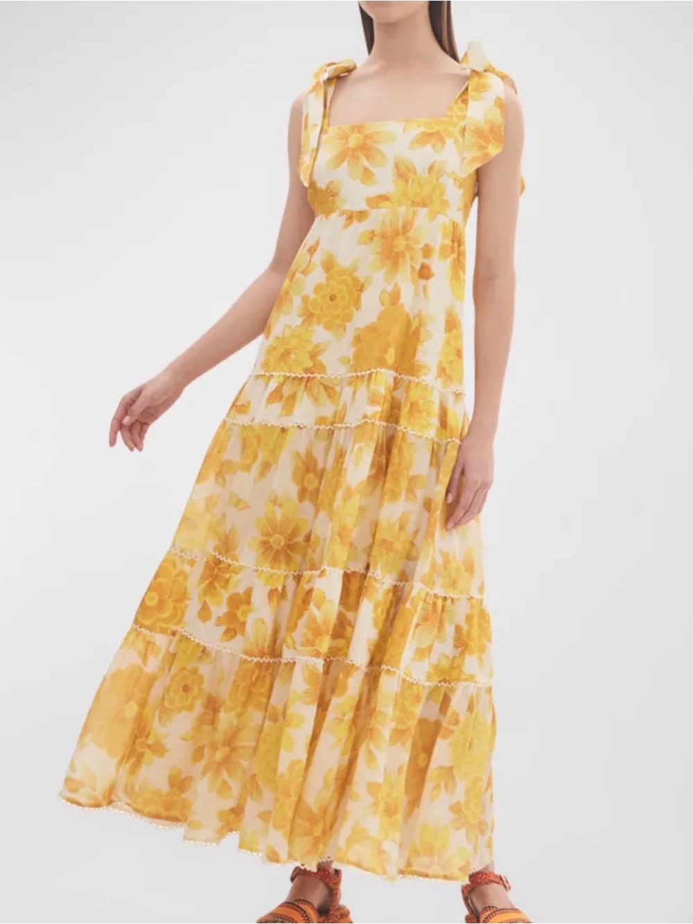 Alemais Yellow Floral Tie-Strap Tiered Maxi Dress